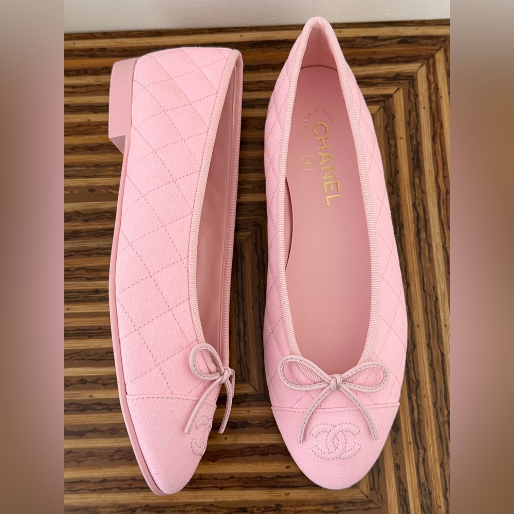 Chanel 26P Light Pink Denim Quilted CC Logo Bow Tie Ballet Ballerina Flat 39 - Picture 6 of 16